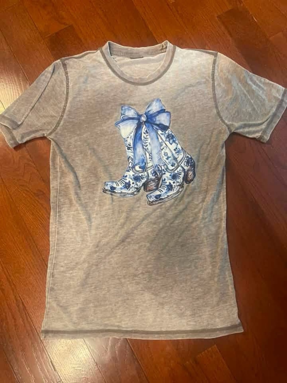 Gray Tee with Blue Bow & Boot Graphic